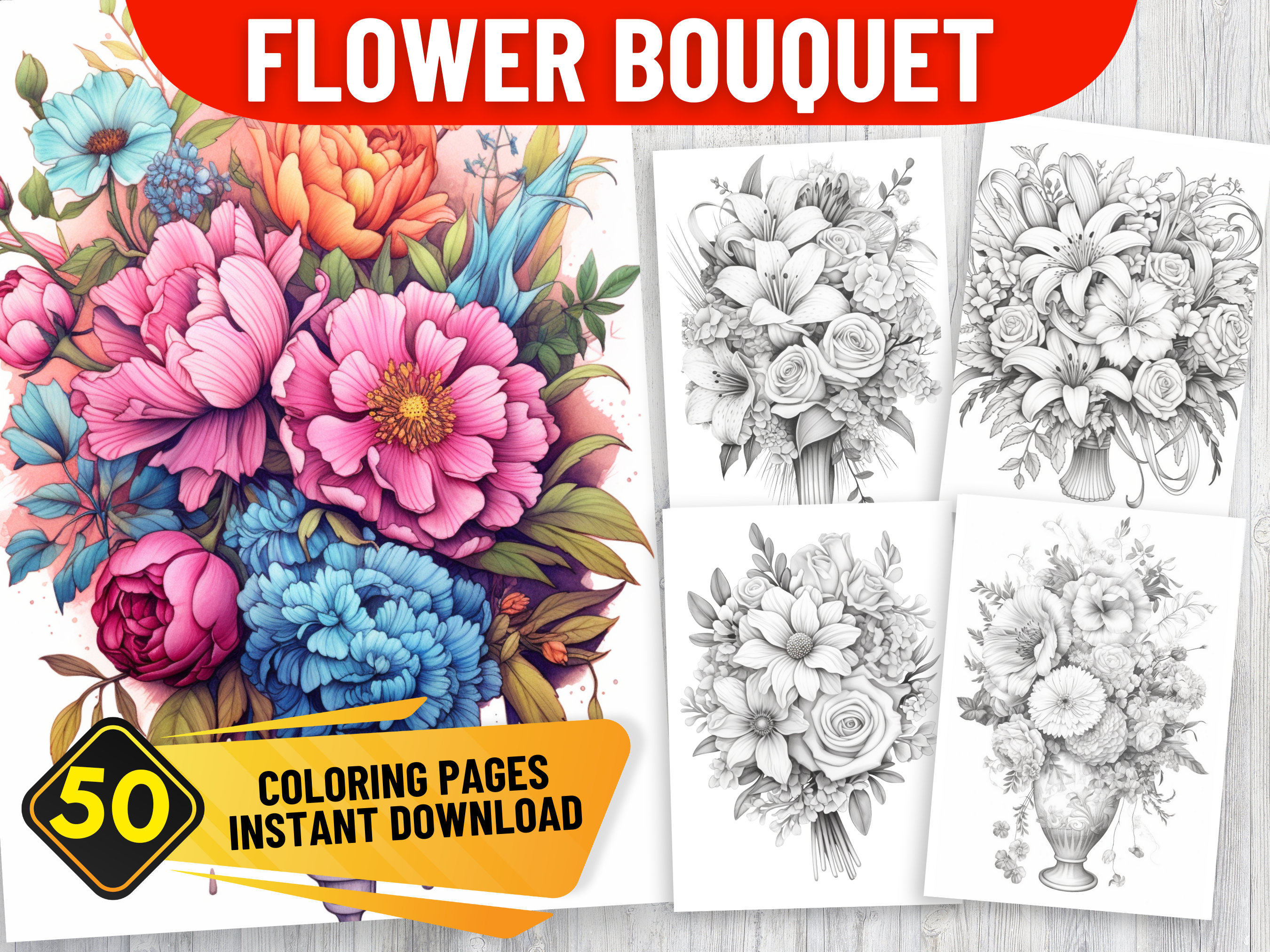 50 Flower Bouquet Coloring Book Pages for Adult, PDF Format, Instant ...