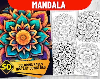 50 Mandala Coloring Book Pages for Adult, PDF Format, Instant Download | Grayscale version, Black & White | Meditative Zen Pattern Geometric