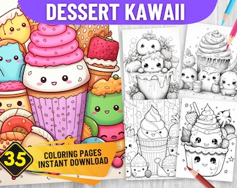 35 DESSERT KAWAII Grayscale Cute Coloring Book Pages | PDF Format | Instant Download | Grayscale version | Black and White