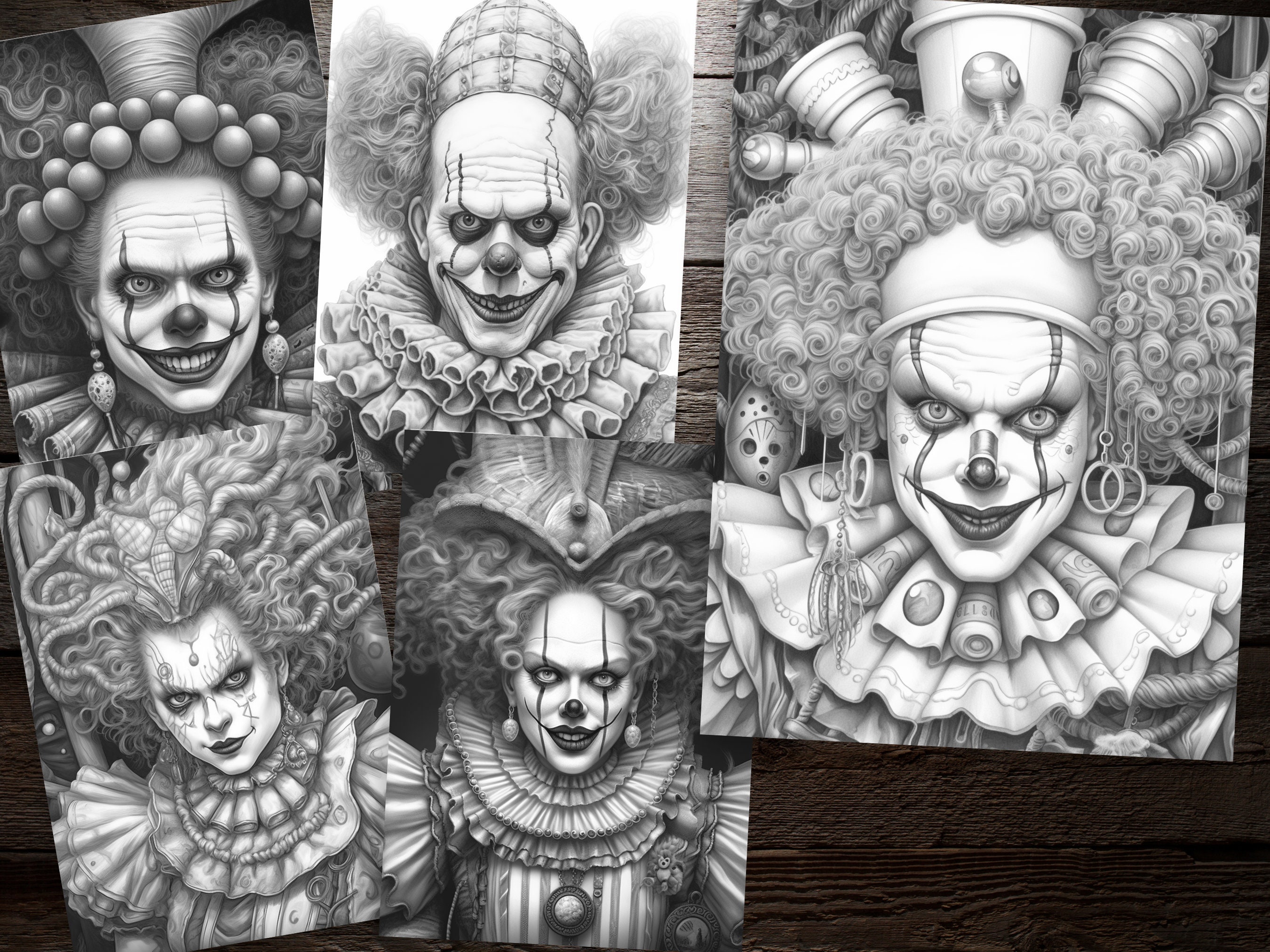 40 Victorian Clown Portrait Halloween Grayscale Coloring Pages | PDF ...