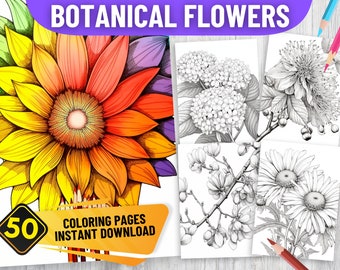 50 Botanical Flowers Coloring Book Pages for Adult, PDF Format, Instant Download Grayscale version, Black & White | Floral Blossoming Garden