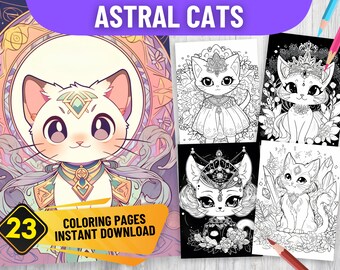 23 ASTRAL CATS Coloring Book Pages | PDF Format | Instant Download | Black and White| Cute Coloring Pages
