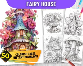 50 Magical Fairy House Coloring Book Pages for Adults, PDF Format, Instant Download Grayscale version, Black and White, Forest Blooming Home