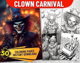 50 Clown Carnival Halloween Grayscale Coloring Book Pages | PDF Format | Instant Download | Grayscale version