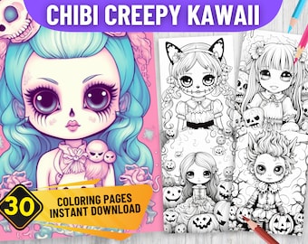 30 Chibi CREEPY KAWAII Coloring Book Pages | PDF Format | Instant Download | Grayscale version | Black and White| Pastel Goth Coloring Pages