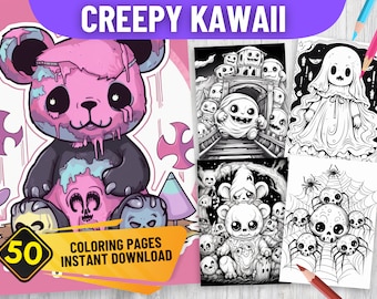 50 CREEPY KAWAII Coloring Book Pages | PDF Format | Instant Download | Grayscale version | Black and White| Cute Pastel Goth Coloring Pages
