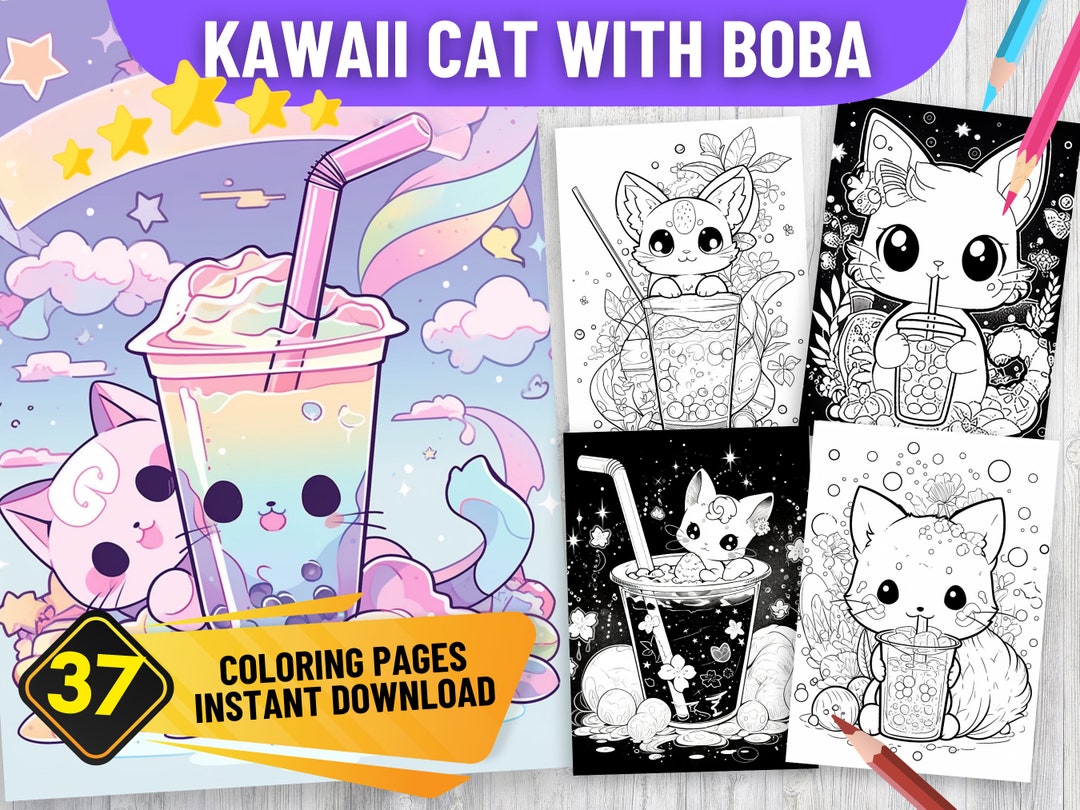 37 Kawaii CAT With BOBA Coloring Book Pages | PDF Format | Instant