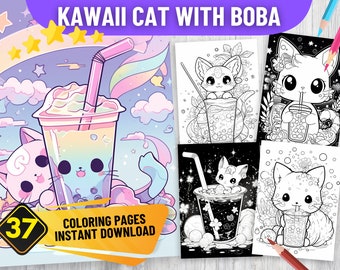 37 Kawaii CAT with BOBA Coloring Book Pages | PDF Format | Instant Download | Black and White| Cute Coloring Pages