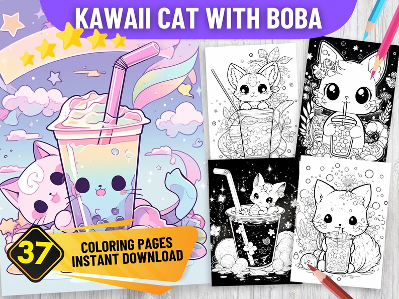 37 Kawaii CAT With BOBA Coloring Book Pages PDF Format Instant Download ...