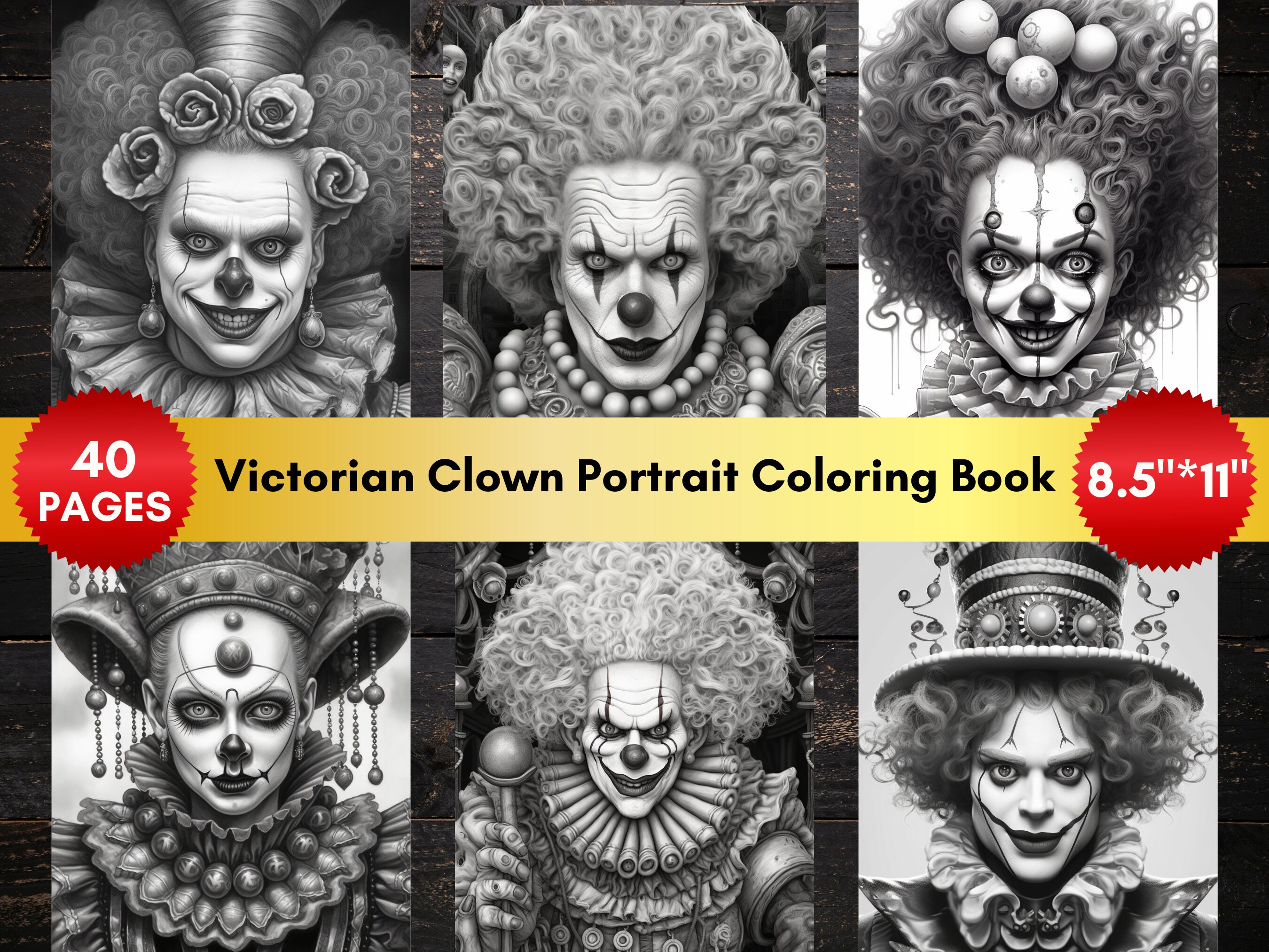 40 Victorian Clown Portrait Halloween Grayscale Coloring Pages | PDF ...