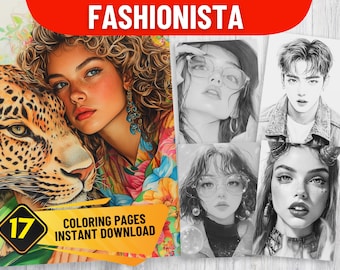 17 Fashionista Malbuch Seiten, PDF Format, Instant Download | Graustufen-Version | Schwarz & Weiß | Realistische Kunst Grau