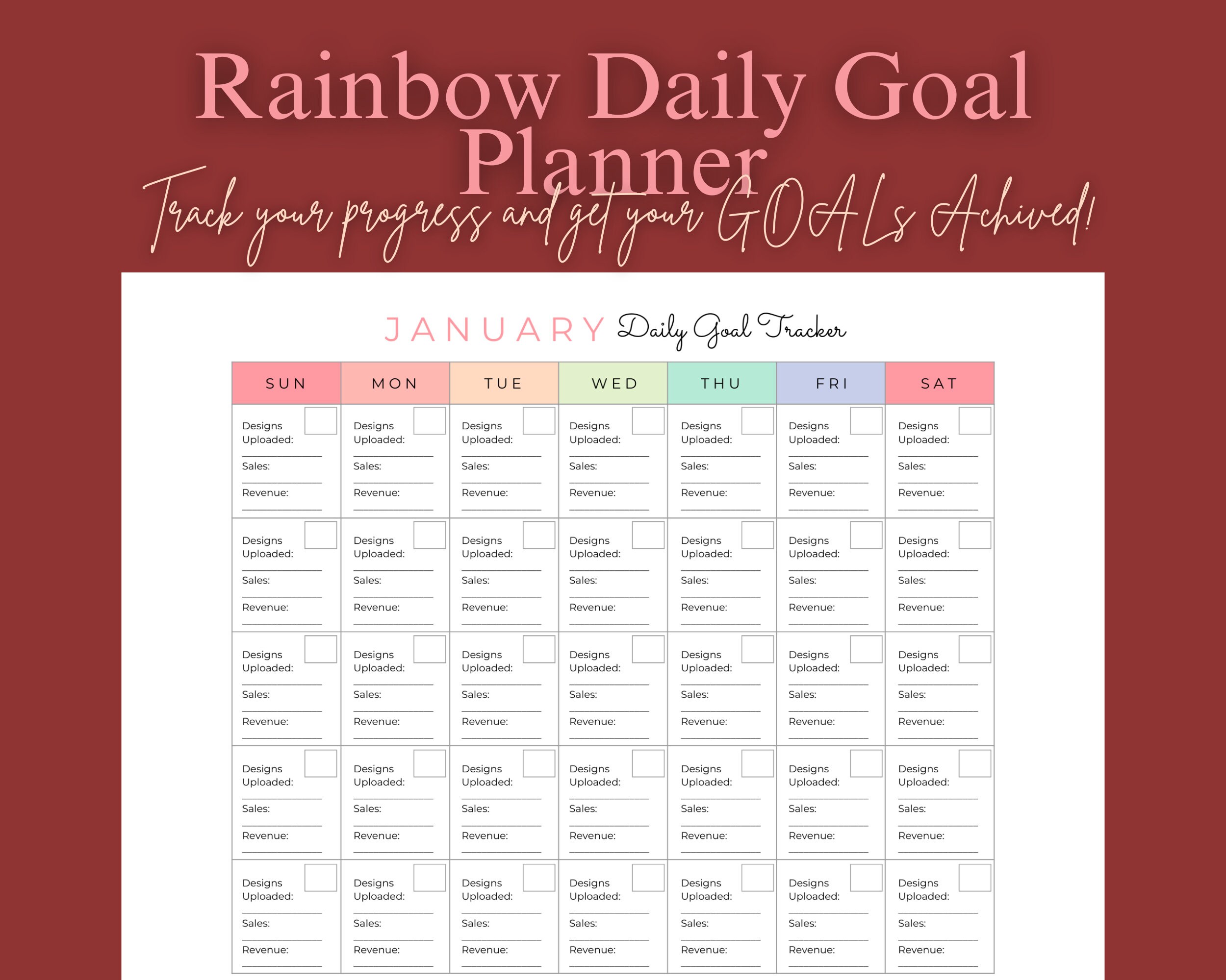 Calendar Daily Goal Planner Template Monthly Tracker Task Management Organization Productivity List Post Sales Revenue Visual Yearly Journal