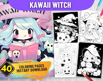 40 KAWAII WITCH Coloring Book Pages | PDF Format | Instant Download | Grayscale version | Black and White | Cute Pastel Anime Coloring Pages