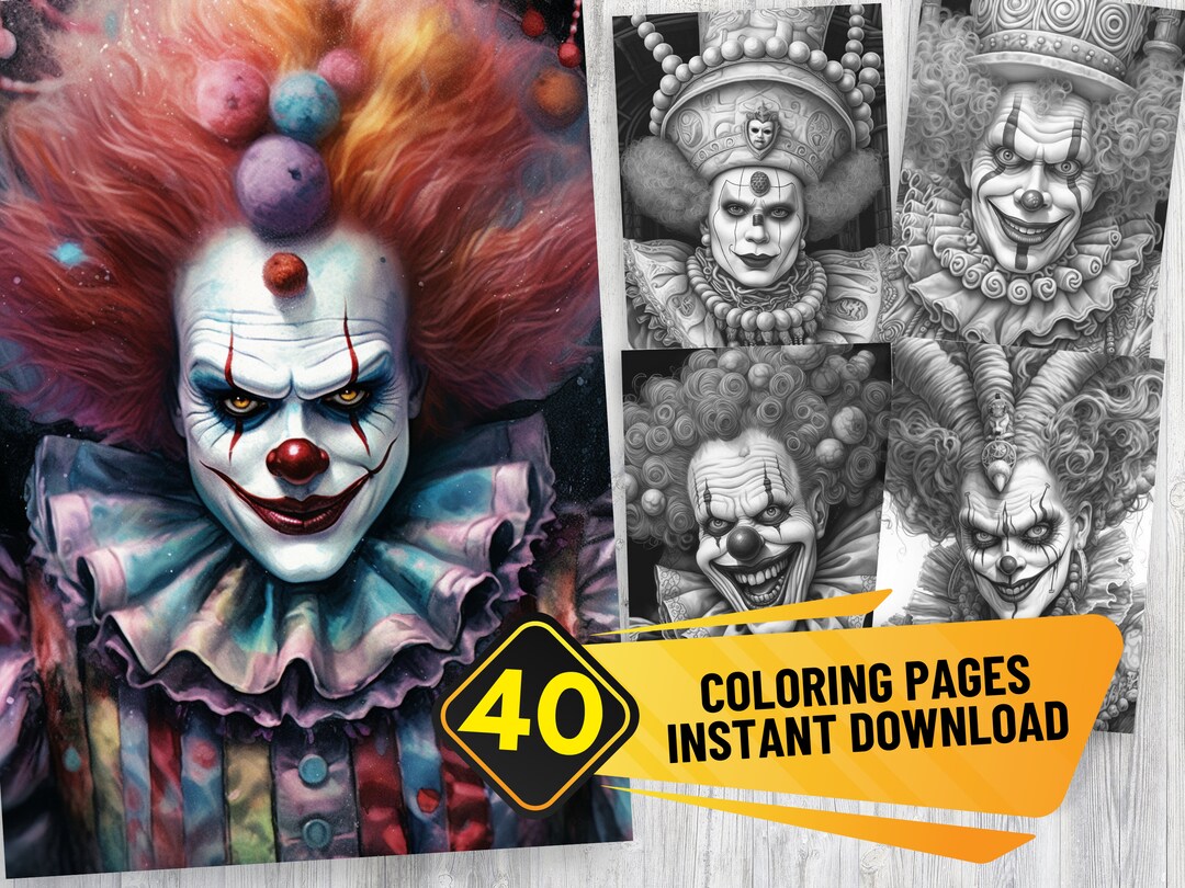 40 Victorian Clown Portrait Halloween Grayscale Coloring Pages | PDF ...