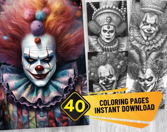 40 Victorian Clown Portrait Halloween Grayscale Coloring Pages | PDF Format | Instant Download | Grayscale version