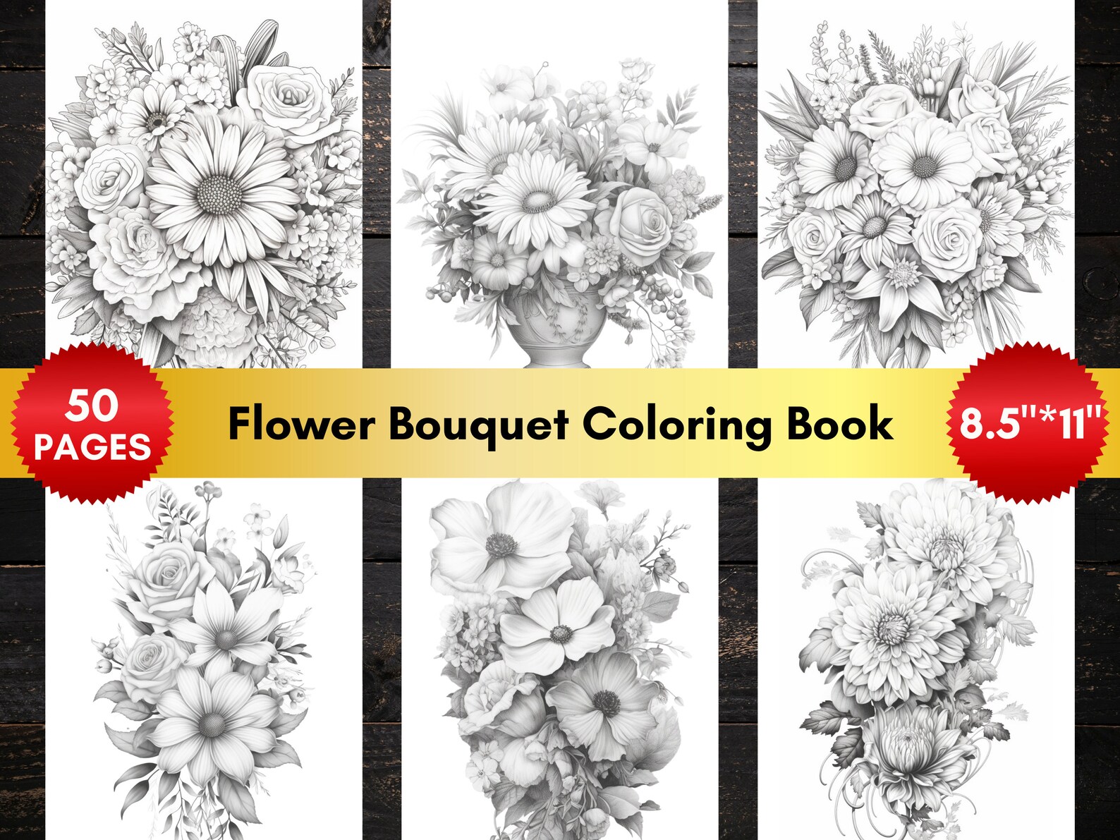 50 Flower Bouquet Coloring Book Pages for Adult, PDF Format, Instant ...