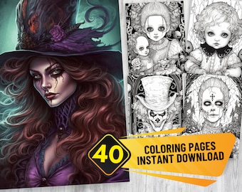 40 Classic Halloween Grayscale Coloring Pages | PDF Format | Instant Download | Grayscale version