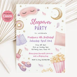 Modèle de toile imprimable modifiable pour une soirée pyjama, une invitation d&#39;anniversaire pour une soirée pyjama