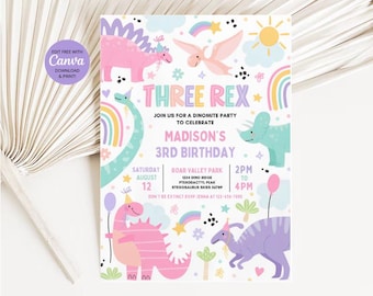 May include: A colorful invitation for a dinosaur-themed birthday party. The design features various cartoon dinosaurs, rainbows, and stars. Text includes "THREE REX" and details for Madison's 3rd birthday, including date, time, and location.