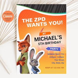 Zootopia Birthday Invitation, Wild Animals Birthday Party Invitation, Kids Theme Electronic Invitation, Judy and Nick Digital Canva Invite