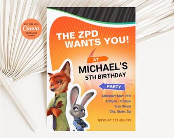Zootopia Birthday Invitation, Wild Animals Birthday Party Invitation, Kids Theme Electronic Invitation, Judy and Nick Digital Canva Invite