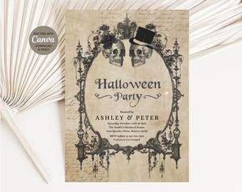 May include: A vintage-style Halloween party invitation with a black and white illustration of two skeletons wearing top hats. The text reads "Halloween Party" and includes the hosts' names, date, time, location, and RSVP information.