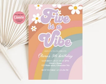 Rainbow Five Year Old Editable Canva Birthday invite I Digital 5th Birthday Card I Rainbow Girl Birthday invitation for 5 year old Pastel