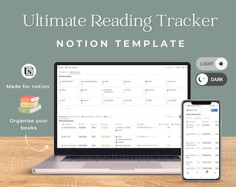 以下が含まれることがあります： 読書トラッカー用のNotionテンプレートを表示したラップトップの画面。テンプレートには、本のディレクトリと、ジャンル別に本を整理するためのセクションが含まれています。画面には、「Ultimate Reading Tracker」と「NOTION TEMPLATE」のテキストが表示されています。ラップトップは木製の表面に置かれています。同じテンプレートを表示した携帯電話の画面も見えます。