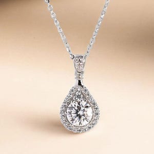 Unique Tear Drop Pendant Necklace, Round Cut Moissanite Pendant, Wedding Necklace Gift, Everyday Necklace, Handmade Anniversary Gift For Her