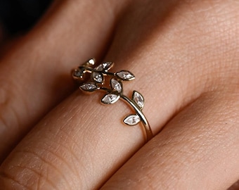 Unique Diamond Wedding Band Art Deco Leaf Rose Gold Branch Matching Band Half Eternity Twig Band Unique Moissanite Anniversary Women Gift