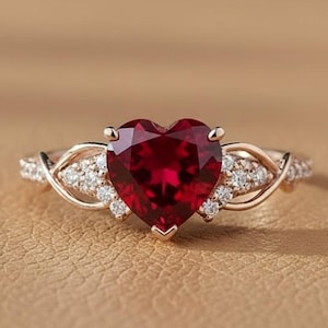 Herzförmiger Rubin-Verlobungsring, Roségoldring, Juli-Geburtssteinring, roter Edelstein-Jubiläumsring, Herzring, minimalistischer Schmuck Ring