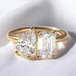 2.50 CT Emerald & Pear Moissanite Engagement Ring, 14K Solid Gold Double Stone Ring, Toi et Moi Ring for Women, Two Stone Ring, Promise Ring