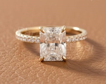 Verborgen Halo Radiant Cut Solitaire Moissanite-diamanten verlovingsring, 14k gouden Moissanite-beloftering Stralende Moissanite-jubileumring