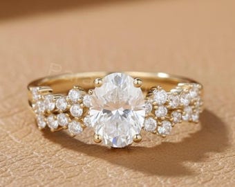 Oval Cut Moissanite Engagement Ring Set Vintage Yellow Gold Ring Set ...
