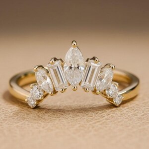 Massiver Gold Moissanit Ehering für Frauen - Geschwungener Marquise-, Rund- & Baguetteschliff | Versprechen Ring, Jubiläumsgeschenk, Geburtstagsschmuck