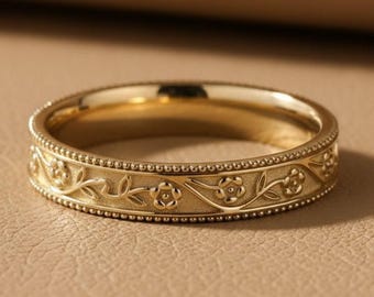 Unique Flower Plain Gold Wedding Band Antique Ring Delicate Woman Ring Art Deco Band Bridal Ring Promise Ring Anniversary Ring For Her