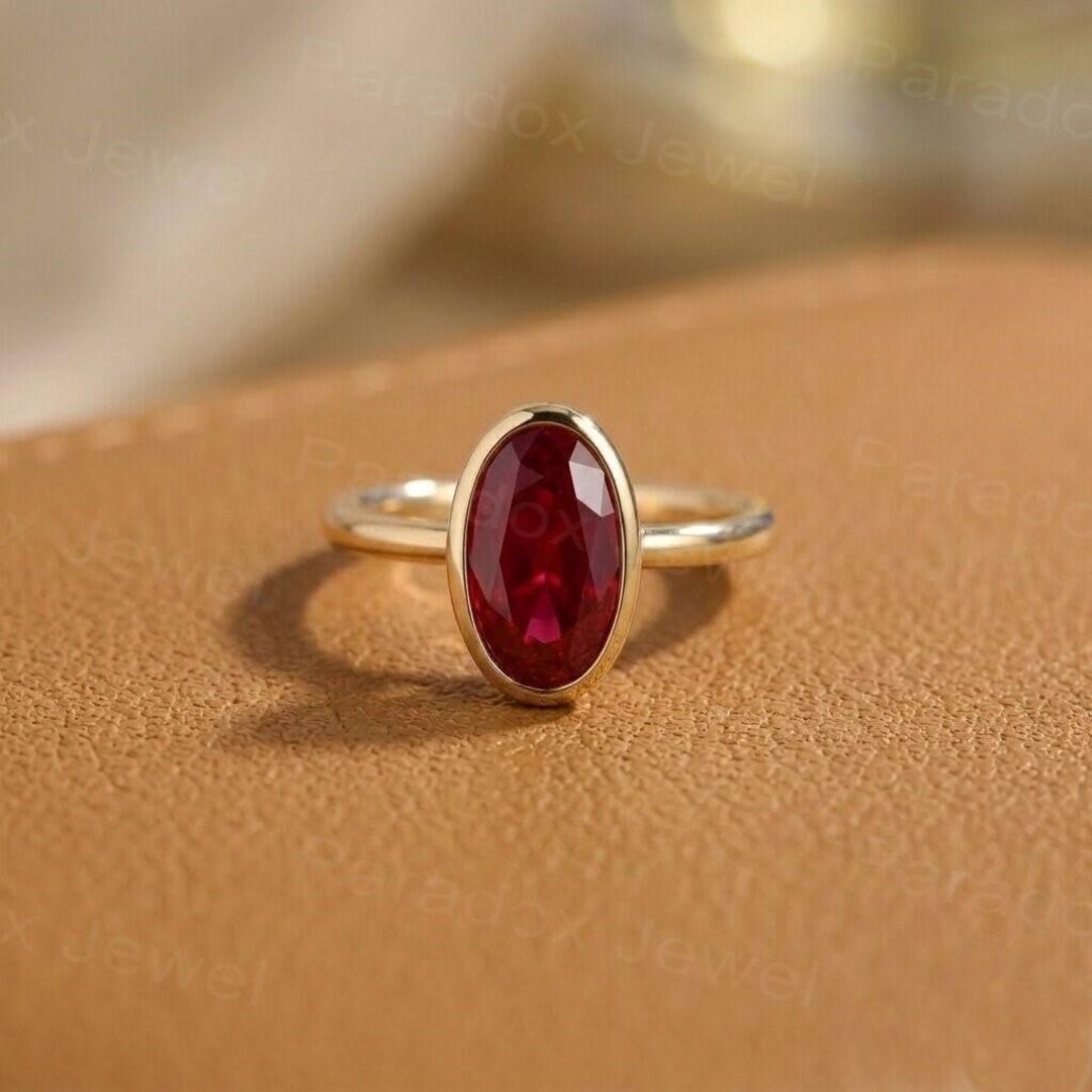 14K Solid Gold Oval Cut Ruby Ring, Dainty Ruby Stacking Ring ...