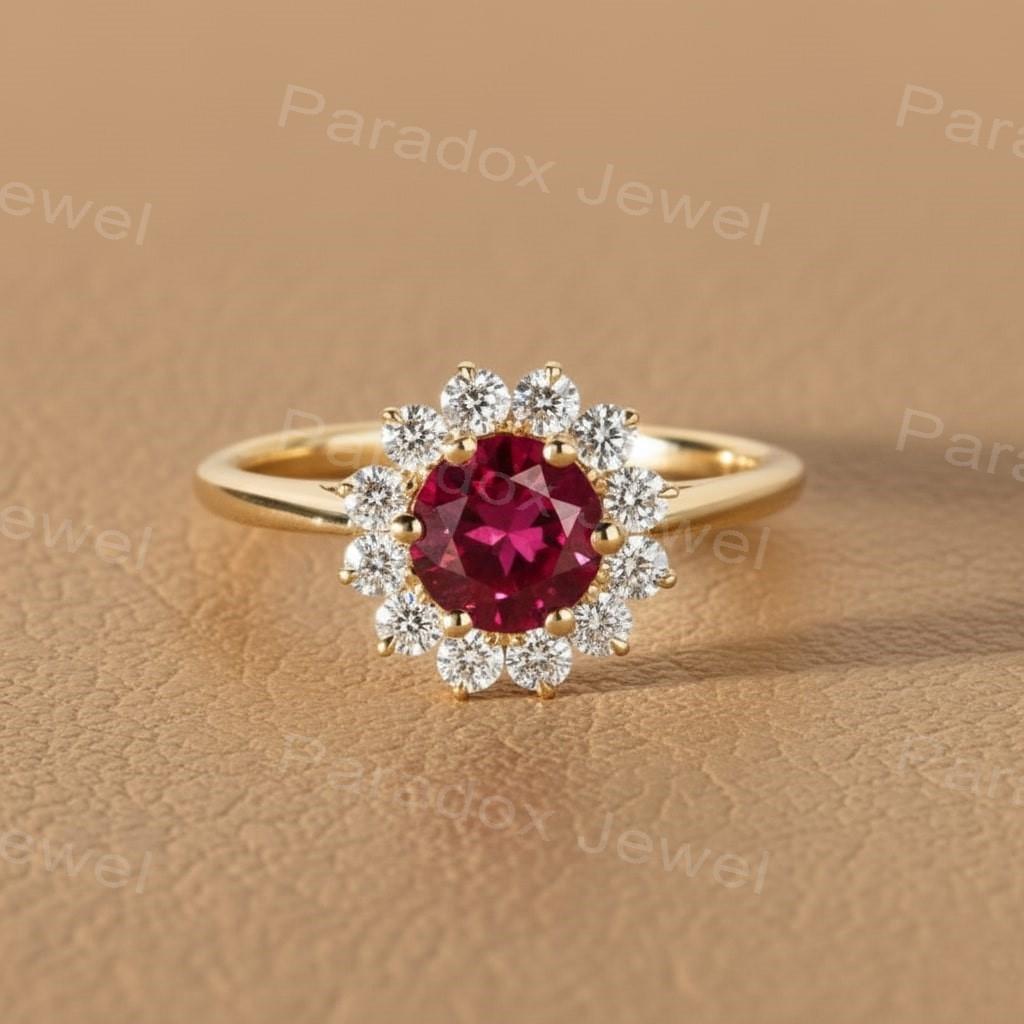Gold Round Cut Ruby Ring July Birthstone Round Cut Ring Sterling Silver ...