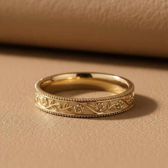 Unique Flower Plain Gold Wedding Band Antique Ring Delicate Woman Ring Art Deco Band Bridal Ring Promise Ring Anniversary Ring For Her