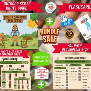 Op de afbeelding: Een verzameling outdoor vaardigheden, waaronder een knoopgids, flashcards en diagrammen. De gids bevat illustraties van kampeerknoten, met de tekst "Outdoor Skills Knots Guide" en "Scout & Camping Knots". De bundel bevat 20 knopen en 23 pagina's.