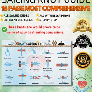 Puede incluir: Una guía colorida de nudos de navegación con ilustraciones de 16 nudos diferentes. La guía incluye los nombres de cada nudo y una descripción de cómo atarlos. La guía se titula "Sailing Knot Guide 16 Page Most Comprehensive".
