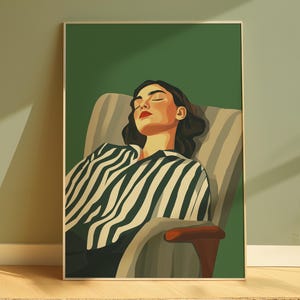 Emerald Green Sleeping Woman Wall Art Print, Green Aesthetic Decor, Modern Woman Print, Minimalist Portrait Artwork, Cozy Home Aesthetic