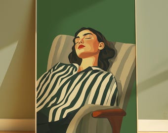 Impressão de parede de mulher dormindo verde-esmeralda, decoração estética verde, impressão de mulher moderna, arte de retrato minimalista, estética de casa aconchegante