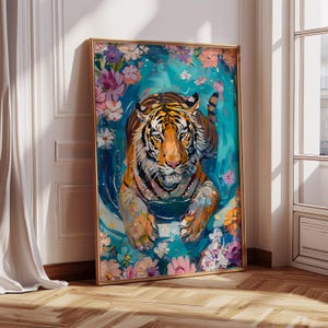 Tiger Swimming in Flowers Art Print: Maximalist Decor (Digital Download)