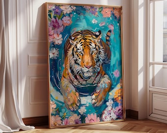 Tiger Swimming in Flowers Art Print: Maximalist Decor (Digital Download)