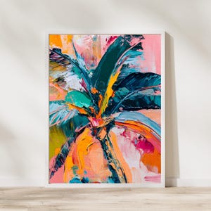 Póster de arte mural con palmera abstracta: pintura acrílica vívida; impresión de bellas artes ecológica