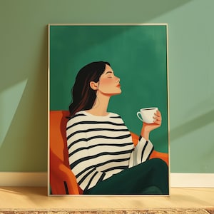 Green Woman with Coffee Wall Art Print, Green Aesthetic Decor, Modern Woman Print, Minimalist Portrait Artwork, Cozy Home Aesthetic