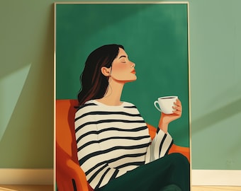 Green Woman with Coffee Wall Art Print, Green Aesthetic Decor, Modern Woman Print, Minimalist Portrait Artwork, Cozy Home Aesthetic
