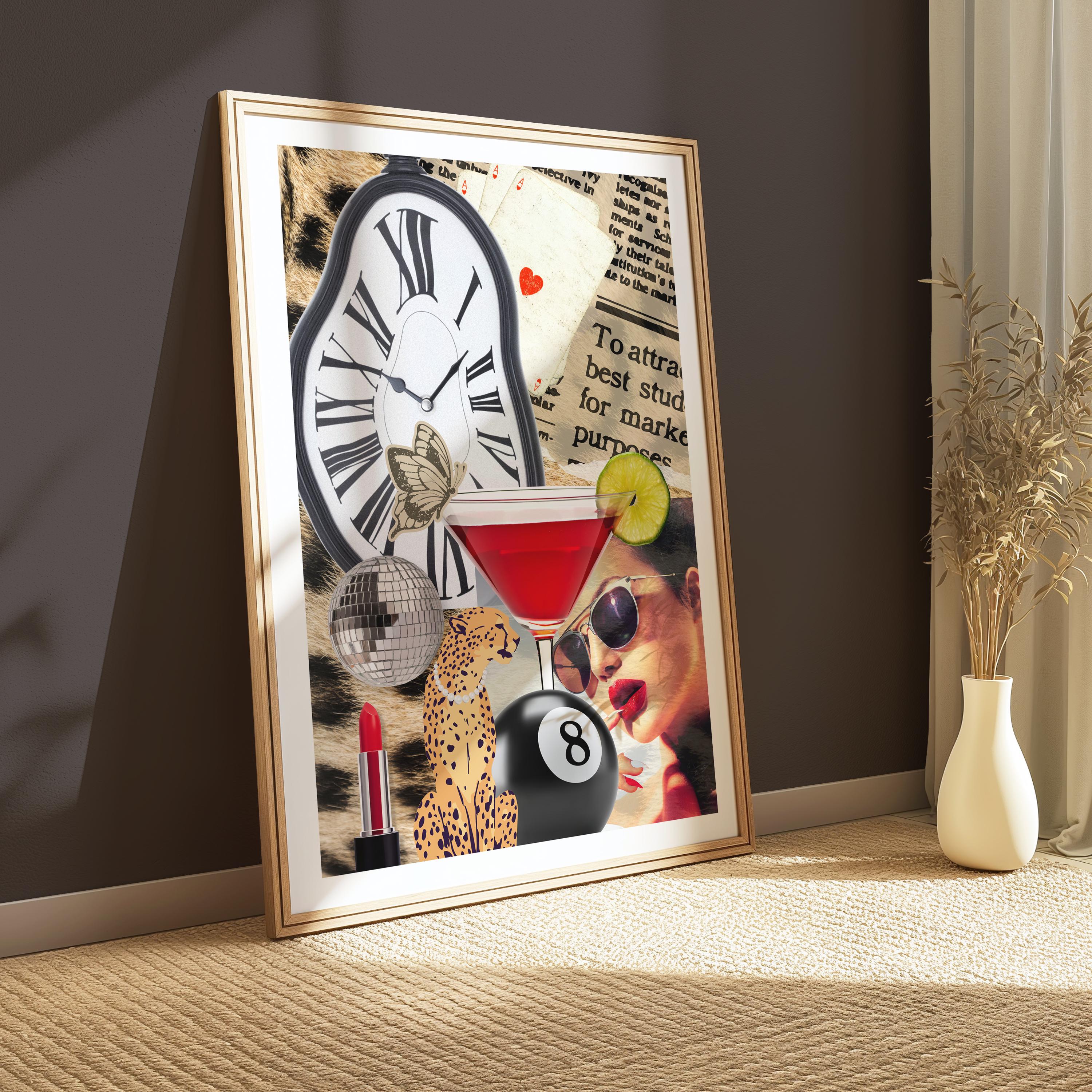 Leopard Cheetah Print, 8 Ball Lucky You Poster Fashion Girl Poster, Leopard Poster, Cheetah Print, Preppy Room Decor, Martini Collage Poster