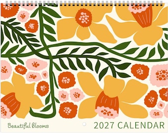 Calendario de pared retro de flores 2027, hermoso diseño botánico, decoración anual para el hogar, regalo para amantes de las flores.